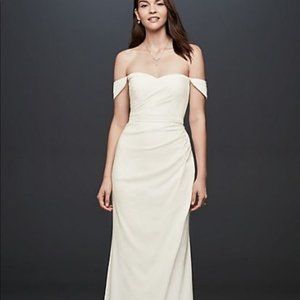 Draped Off-The-Shoulder Crepe Sheath Gown